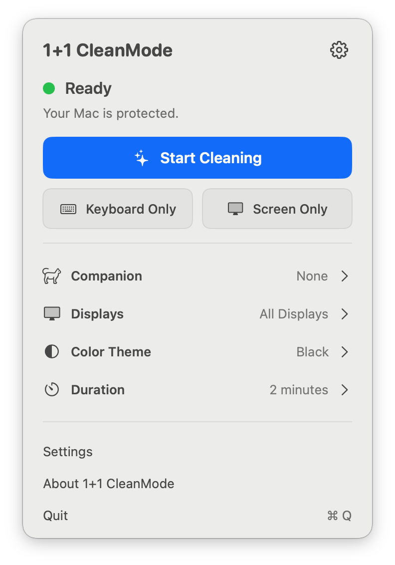 1+1 CleanMode menu showing cleaning modes, display selection, color theme, and duration