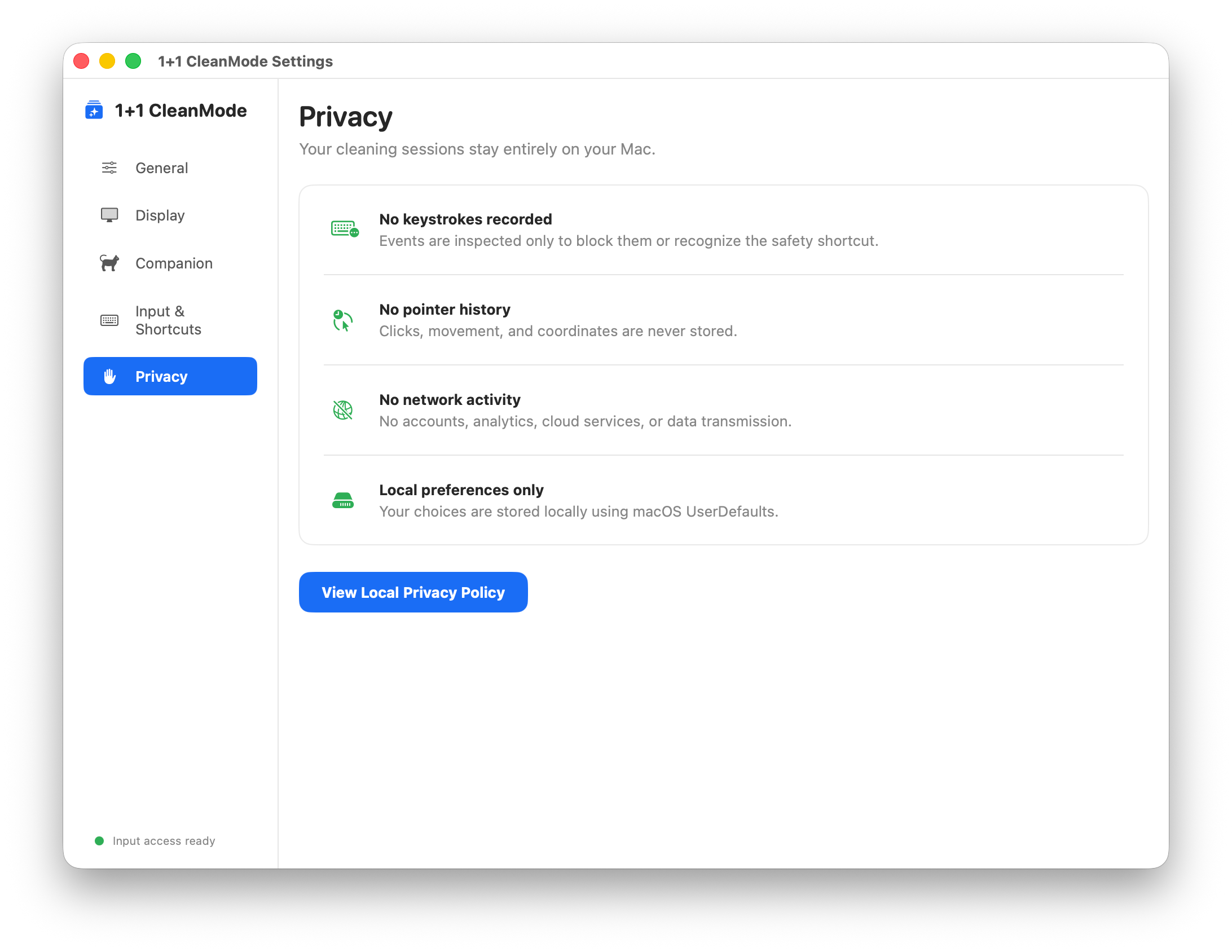 1+1 CleanMode local-only privacy information